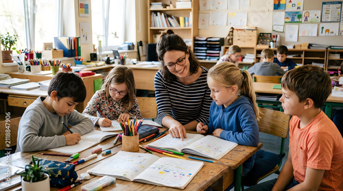 Female teacher helping students in classroom. Educator assisting children with school work.