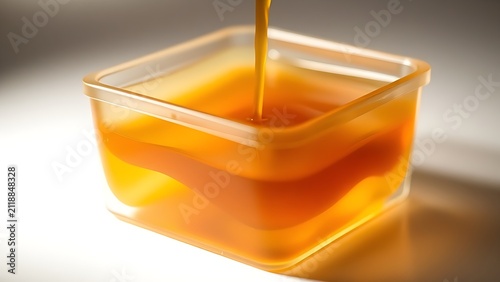 Liquid amber resin gradually solidifying inside a transparent mold.