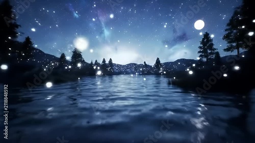 A Serene Moonlit Lake Surrounded by Dark Pines Under a Starry Sky