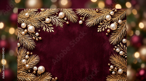 Luxurious deep burgundy red velvet Christmas card background frame richly decorated with golden pine branches white pearls gold beads and festive holiday ornaments bokeh lights