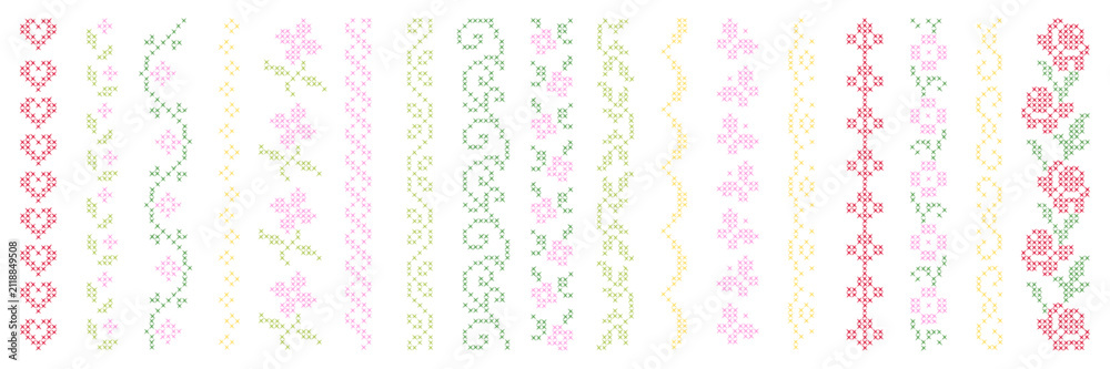 Obraz premium Set of hand drawn cross stitch border. Ethnic folk design for creative projects, card and scrapbooking. Vector isolated elements collection.