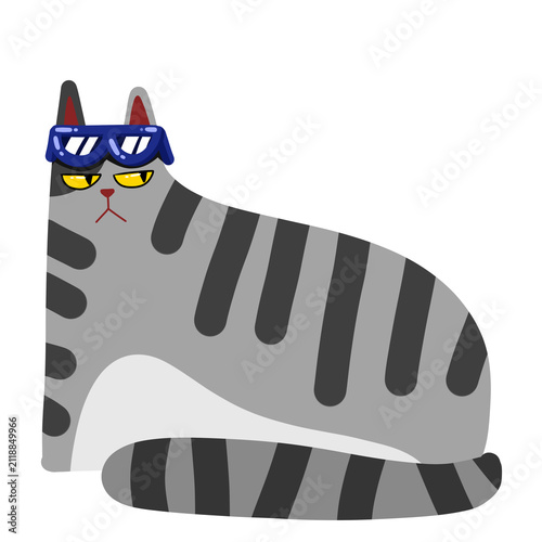 фотографія Grumpy grey tabby cat with blue sunglasses on head cartoon illustration