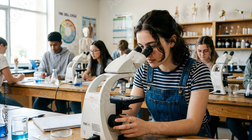 High school student using microscope in science lab. Teen girl studying biology in classroom.