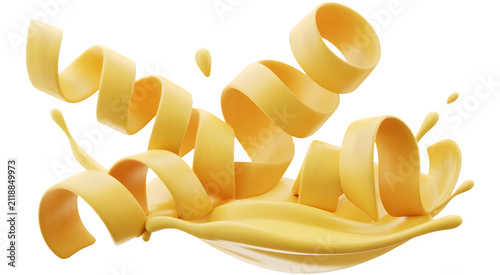 Golden spiral pasta ribbons scattered in dynamic arrangement on transparent background
