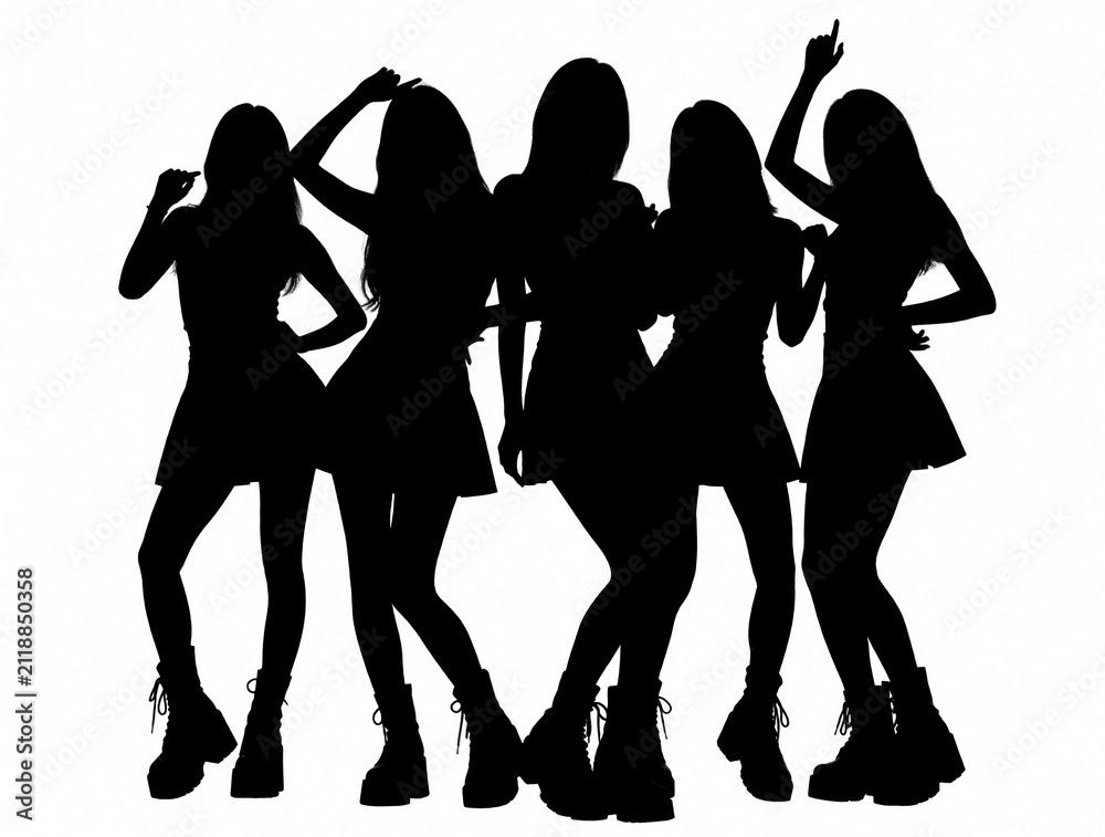 Fototapeta premium Black silhouettes of five young women dancing in studio. Girls perform pop choreography on white background. Female group posing together in stylish outfits. Musical band members moving arms, legs