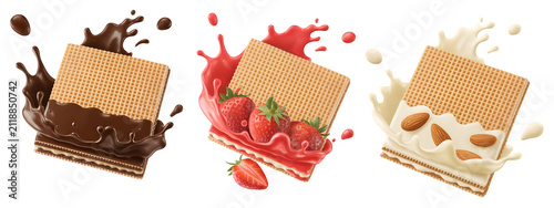 Set of three delicious wafer cookies with chocolate, strawberry, and almond cream splashes isolated on transparent background