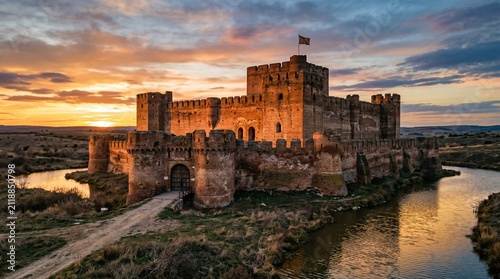 Medieval Castle at Sunset by the River.