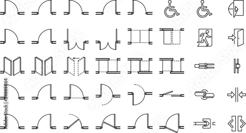 Architectural door swing symbols and accessibility icons set for floor plan design in black line vector