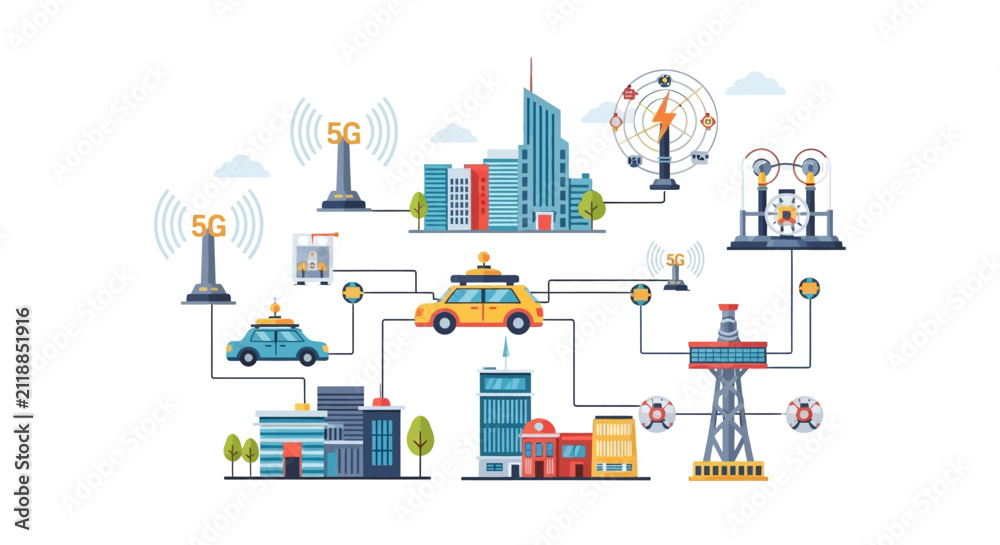 Fototapeta premium Smart City Infrastructure Concept with 5G Network, Autonomous Vehicles, and IoT Connected Urban Systems Vector Illustration