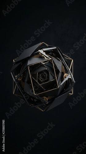 Abstract geometric gold polyhedron design intricate black and gold 3d art pattern