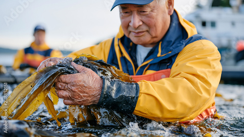 Elderly kelp farmer wading in shallow coastal waters, leathery hands lifting long fronds from lines, expression stoic against grey morning skies, younger coworker watching in the distance, chronic p