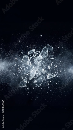 Abstract ice crystal shattering explosion slow motion cold sharp fracture light impact frozen winter background