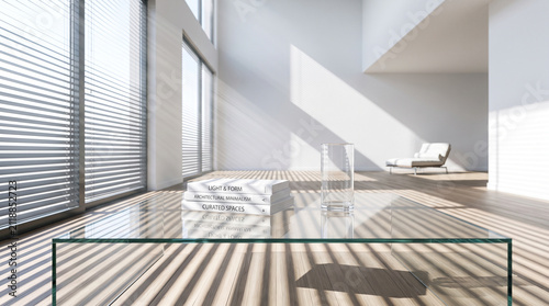 Sun rays shining into a modern room. Bright light beams through blinds in empty interior.