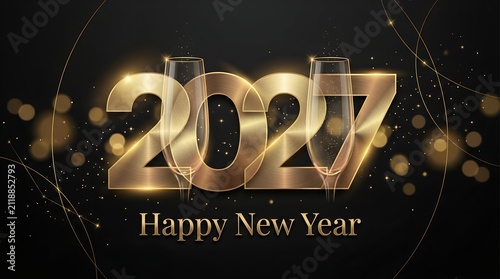 Golden 2027 New Year Typography With Champagne Flutes Vector Illustration