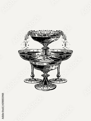 Vintage Champagne Coupe Glasses Engraving | Victorian Holiday Toast Illustration