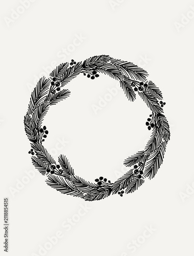 Vintage Pine Wreath Engraving | Victorian Christmas Evergreen Frame Illustration