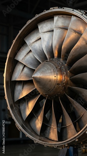 Close up view of large industrial rotor metallic surface detailed brass fan blades heavy machinery texture