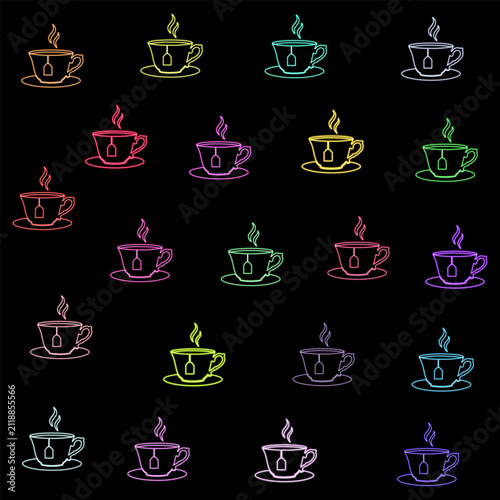 Colorful Neon Tea Cup with Tea Bag Icons Set Isolated on Black Background