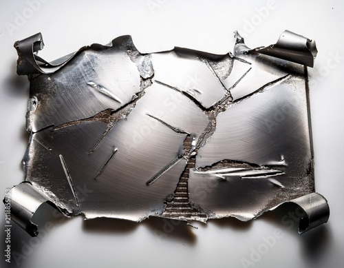 damaged metal sheet with torn edges in dramatic lighting on white background for industrial design