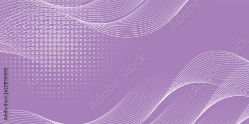 Purple abstract flowing wave lines with halftone vector background, modern smooth curves minimal technology design