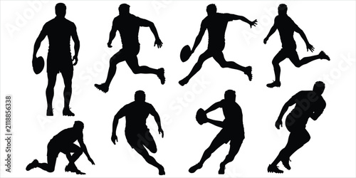 Bild auf Leinwand Diverse collection of eight black silhouette figures of rugby players in dynamic