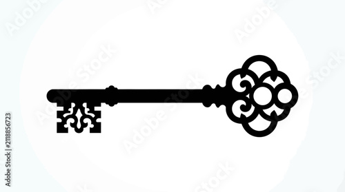 Helloween Vintage skeleton key silhouette, antique ornate metal key vector, black decorative old door key icon for security and mystery concepts Vector