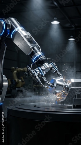 Industrial robot machining sparks cutting metal in factory automation technology