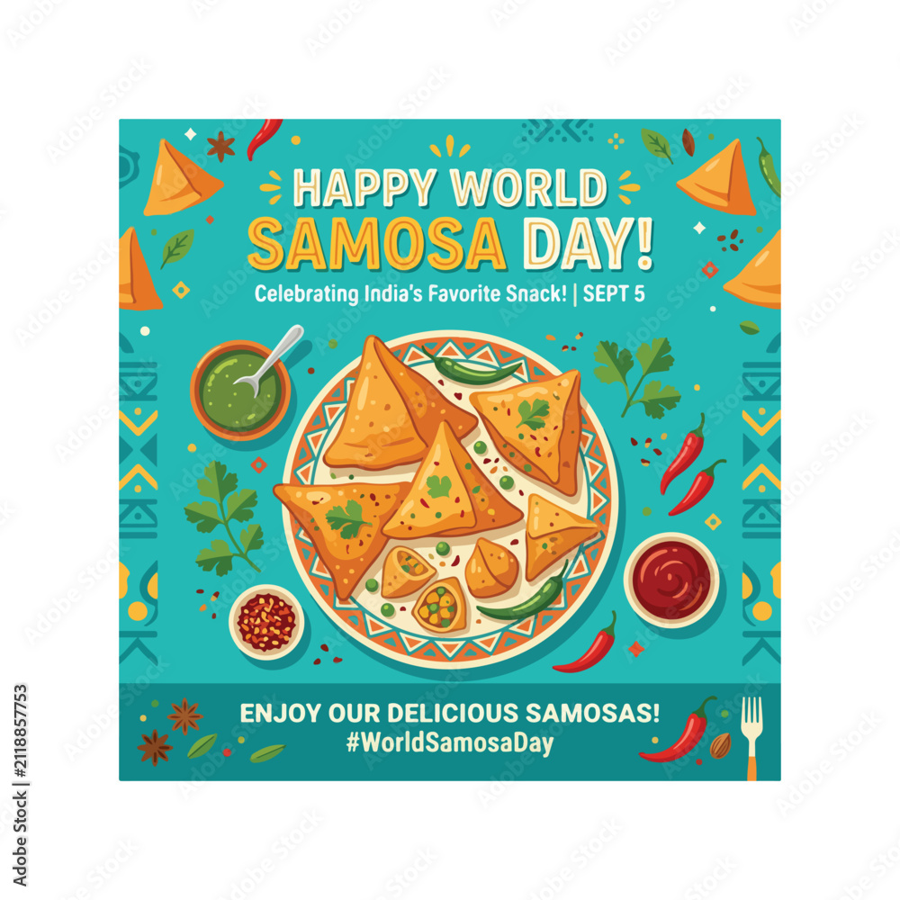 Fototapeta premium Happy World Samosa Day banner celebrating crispy assorted samosas with vibrant spices, herbs, sauces, joy 