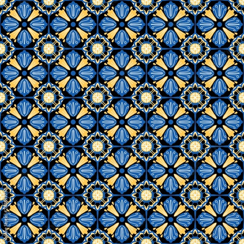 Elegant seamless geometric tile pattern inspired by Mediterranean and Portuguese azulejo ceramics. Decorative blue and yellow floral ornament on a light cream background. Perfect for wallpaper, fabric