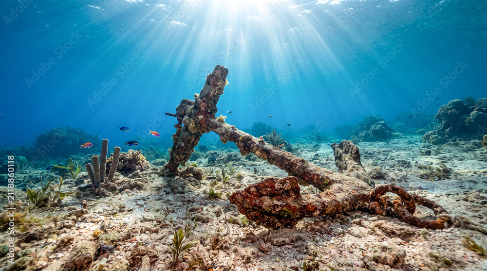 Fototapeta premium Antigua ancla oxidada sobre el fondo marino iluminada por rayos de sol que atraviesan el agua cristalina. Escena submarina tropical de gran realismo y serenidad.