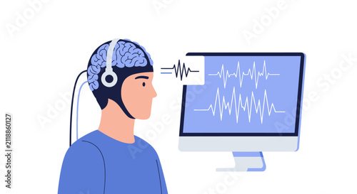 Brain-Computer Interface Concept Illustration of a Man with EEG Headset and Brain Wave Monitoring on Computer Screen