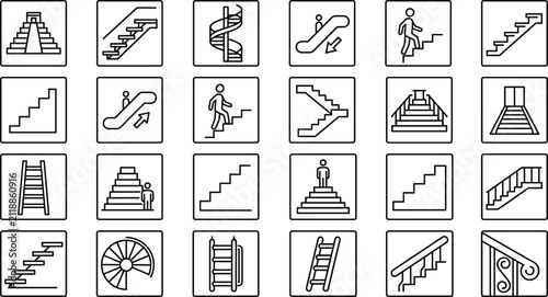 Set of black line vector icons in square frames representing stairs, escalators, ladders, spiral staircases, steps, handrails, and architectural vertical transportation concepts.