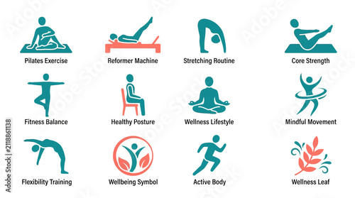 Foto Colorful icons of various fitness and wellness activities.