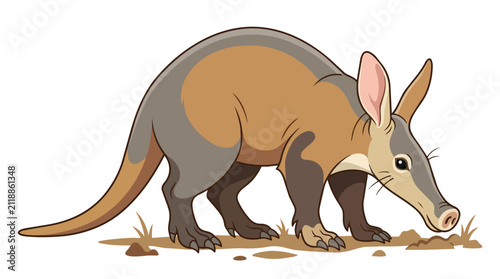 Cute Aardvark Vector Illustration Sniffing Ground, African Ant Eater Wildlife Animal Character Design Isolated on White