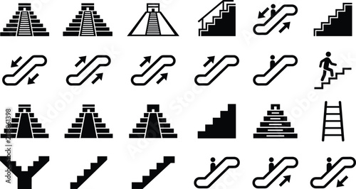 Set of black line vector icons representing stairs, escalators, steps, ladders, ancient pyramids, architecture, climbing, and vertical transportation concepts.