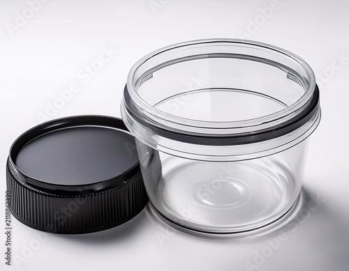 clear plastic container with black caps and lid designed for storage of small snacks or candies compact and portable for kitchen or travel use