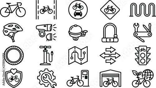 Set of thin line icons representing bicycle equipment accessories infrastructure and urban cycling safety rules
