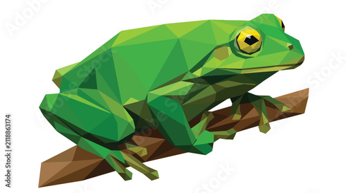 Low Poly Green Tree Frog Vector Illustration Sitting on a Brown Branch Isolated on White Background Graphic Design