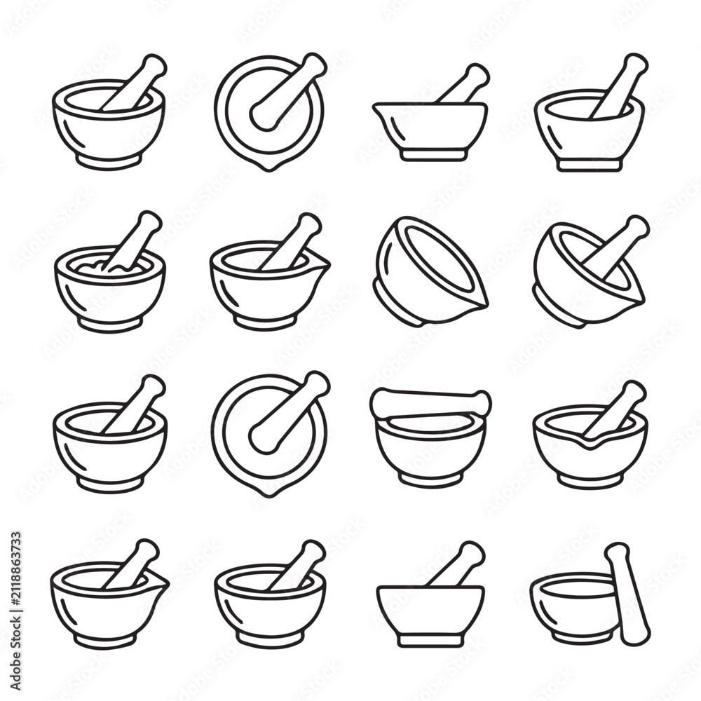Obraz premium Mortar and Pestle icons in a clean grid arrangement on a white background with simple line art style
