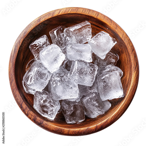 Top view ice cubes in wooden bowl isolated on transparent background