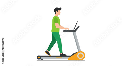 Man Working on Laptop while Walking on Treadmill Desk Illustration - Concept of Multitasking, Productivity, and Healthy Remote Work Lifestyle