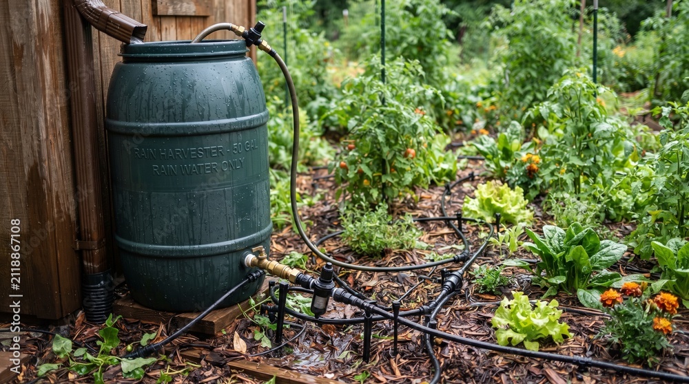 Obraz premium Rain Barrel Drip Irrigation Garden System