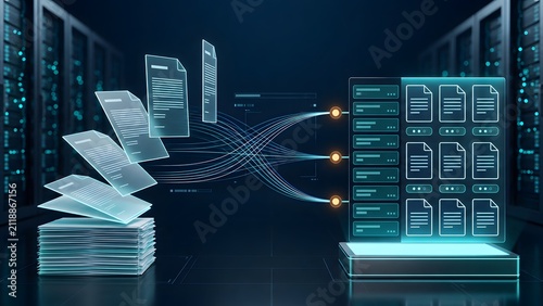 Fototapeta Document digitization and data migration process. Digital files flowing into secure cloud database server archiving system