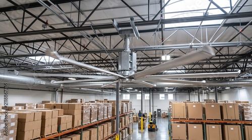 Large industrial warehouse with ceiling fan and stacked boxes  