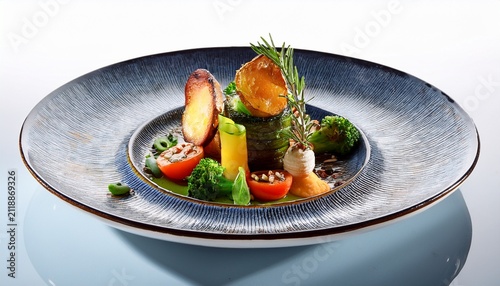 luxury vegetarian tasting meal on ceramic design plate high level serving