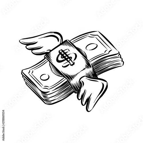 Dollar money cash flying wings handdrawn sketch vector illustration