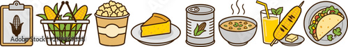 Set of corn products, including fresh corn, popcorn, corn pie, canned corn, corn soup, corn juice, and taco