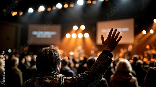 Worship praise faith church crowd concert audience hand light night spiritual worship crowd with raised hand warm stage light, modern church service atmosphere with music, praise and faith filled