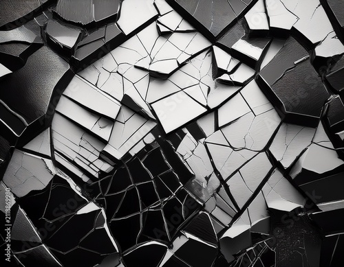 a distorted abstract image featuring a cracked surface with black and white pixelated areas overlaying it