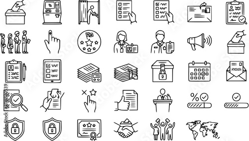 Elections and Voting Process Outline Icons Set. Black and white linear vector symbols for democracy, polling, political participation.